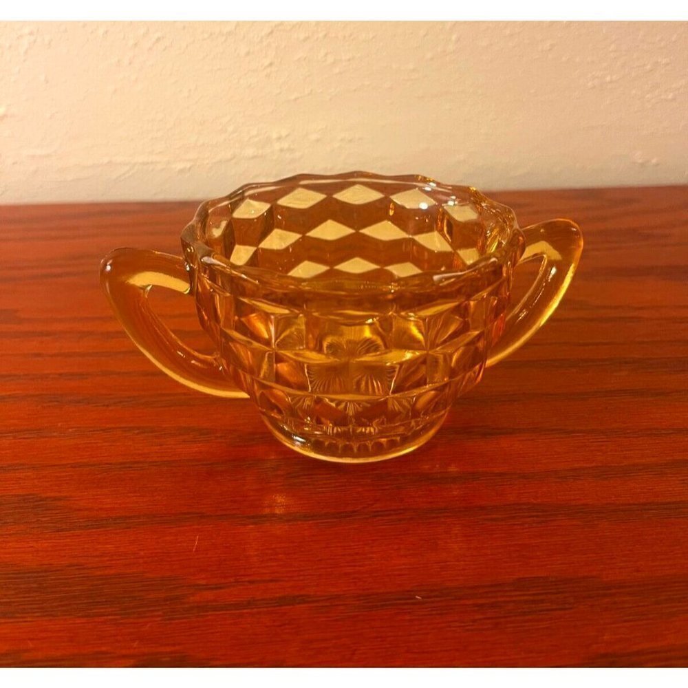 Vintage Amber Jeanette Cubist Pattern Mid Century  Modern Sugar Bowl Handled